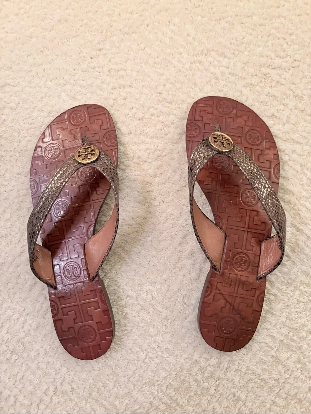 Tory Burch Brown Metallic Logo Thong Sandals